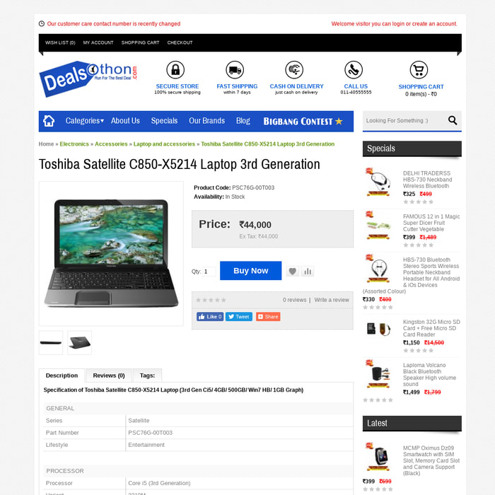 Toshiba Satellite C850-X5214 Laptop 3rd Generation