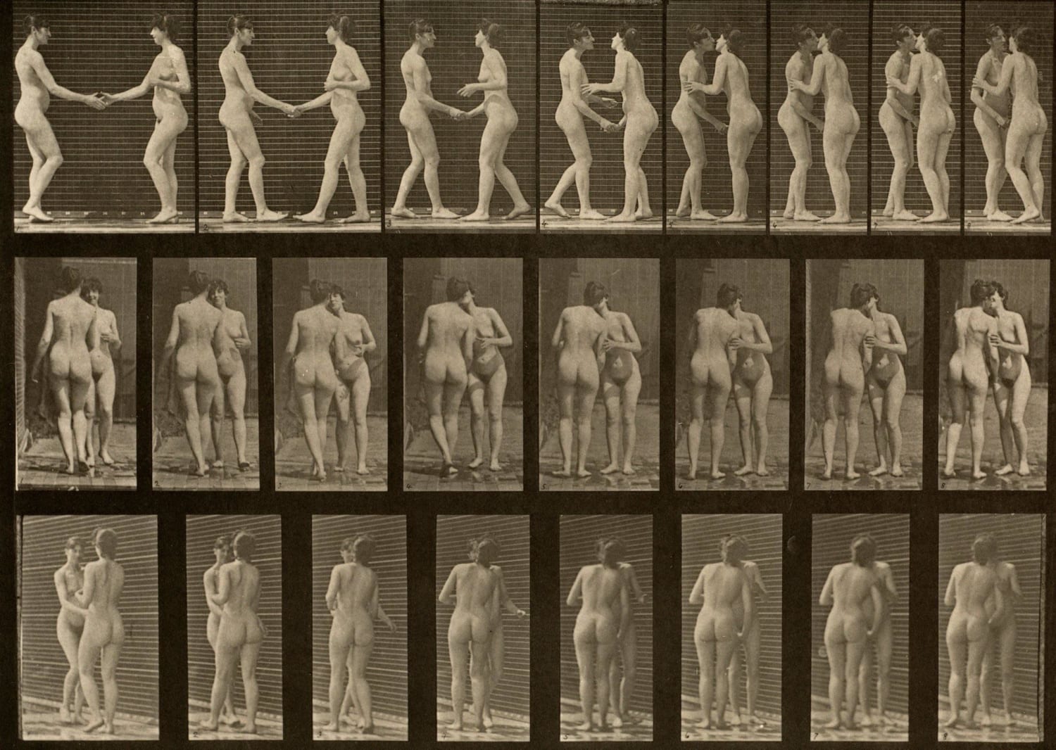 Plate 444 from Eadweard Muybridge's Animal Locomotion photographs (1872-1885), showing two nude women kissing. The Muybridge Online Archive believes this plate represents "the first time that a kiss was documented over time through photography... the first kiss ever filmed."