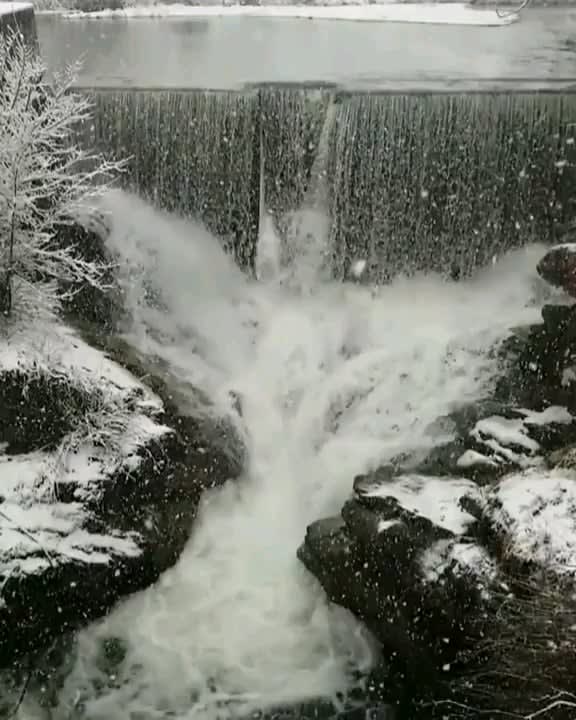 A beautiful waterfall during winter