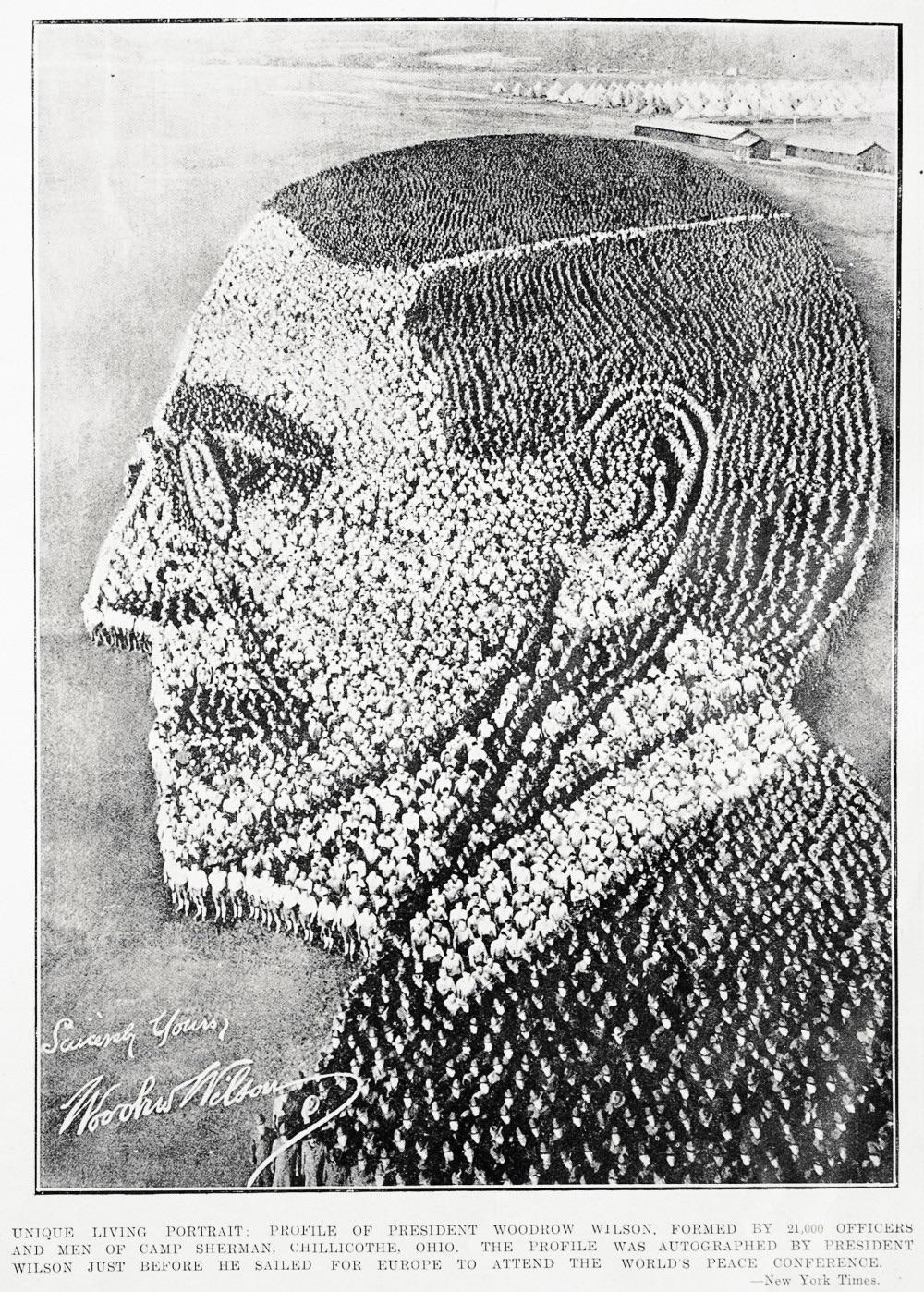 Unique living portrait: profile of President Woodrow Wilson, formed by 21,000 officers and men of Camp Sherman, Chillicothe, Ohio. 2 Feb 1919. Auckland Libraries Heritage Collections AWNS-19190206-33-4