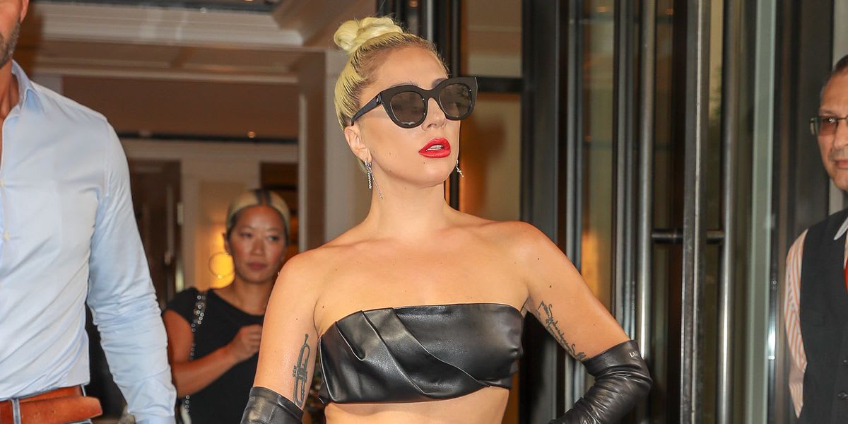 Here's Lady Gaga Wearing the Most Extra Leather Crop Top, Skirt, and Evening Gloves
