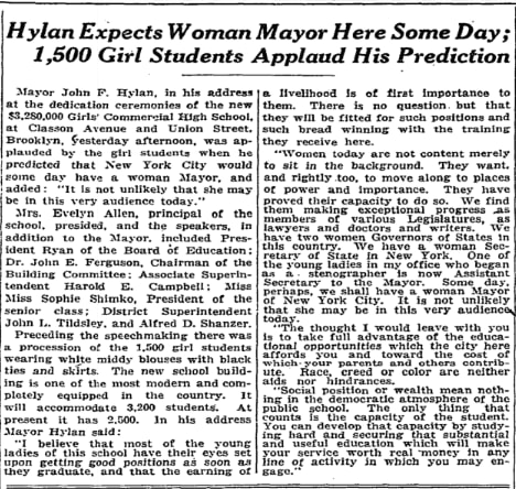 Today in 1925: New York City's mayor shared his prediction with a group of female students that the city would one day have a female mayor