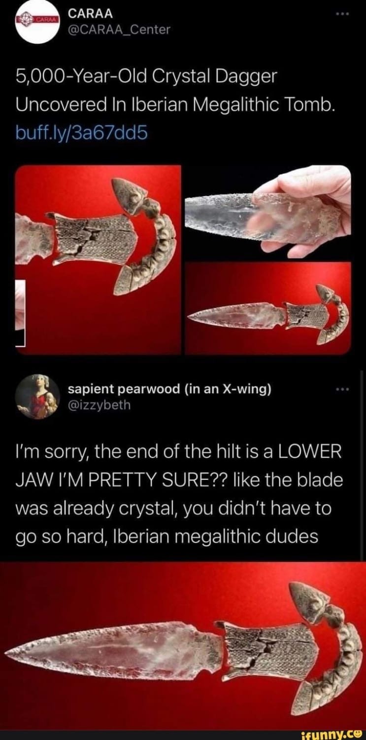 5,000-Year-Old Crystal Dagger Uncovered In Iberian Megalithic Tomb. (in an X-wing) I'm sorry, the end of the hilt is a LOWER JAW I'M PRETTY SURE?? like the blade was already crystal, you didn't have to go so hard, Iberian megalithic dudes - iFunny