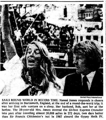 Today in 1978: Naomi James took the record for the fastest solo sailing trip around the world. She traveled nearly 30,000 miles in 272 days and was greeted by cheers as she ended her journey.