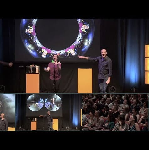 Stand-up comedy routine using a live spherical camera