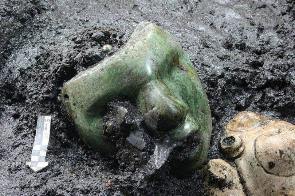 A 2000 year old green serpent mask found at the base of a pyramid in Mexico.