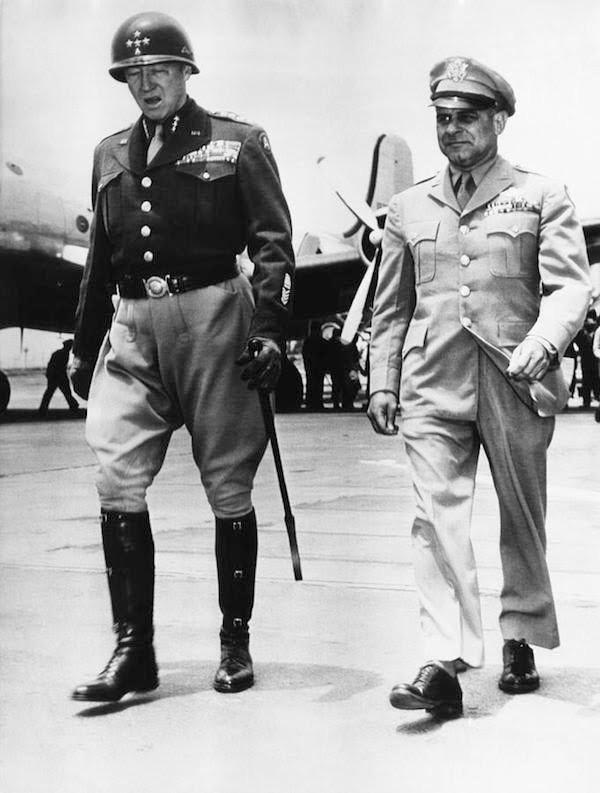 U.S. General George S. Patton, Jr. Commander of the U.S. Third Army, and Lieut. Gen. James H. Doolittle, Commander of the Eighth U.S. Army Air Force, arrive at Los Angeles, California, from Europe. California. 9 June 1945