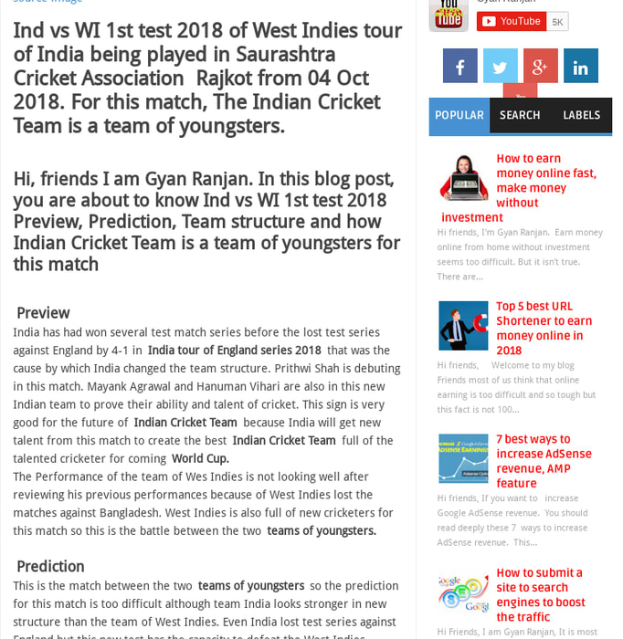 Ind vs WI 1st test 2018, Cricket between the team of youngsters