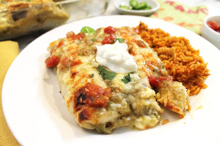 Baked Smothered Chicken Burritos with Green Chile Sauce