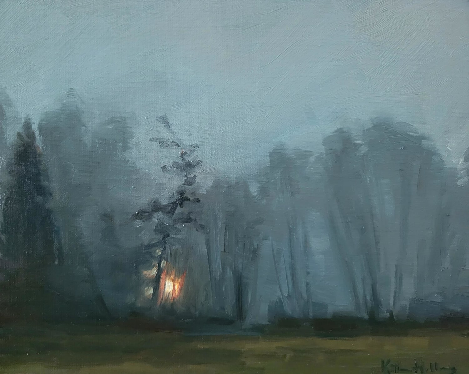 oil painting of my backyard view at dusk,"