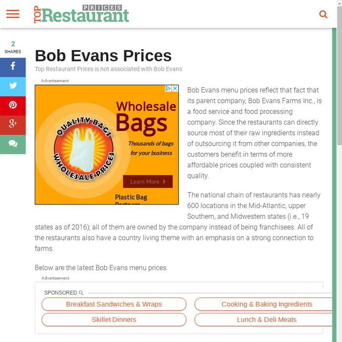 Bob Evans Prices - Top Restaurant Prices