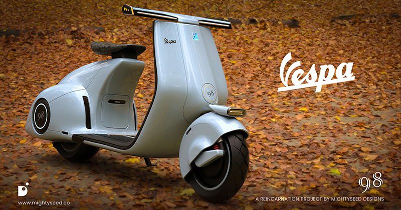 mightyseed designs reinterprets original 'vespa 98' scooter with new electric version