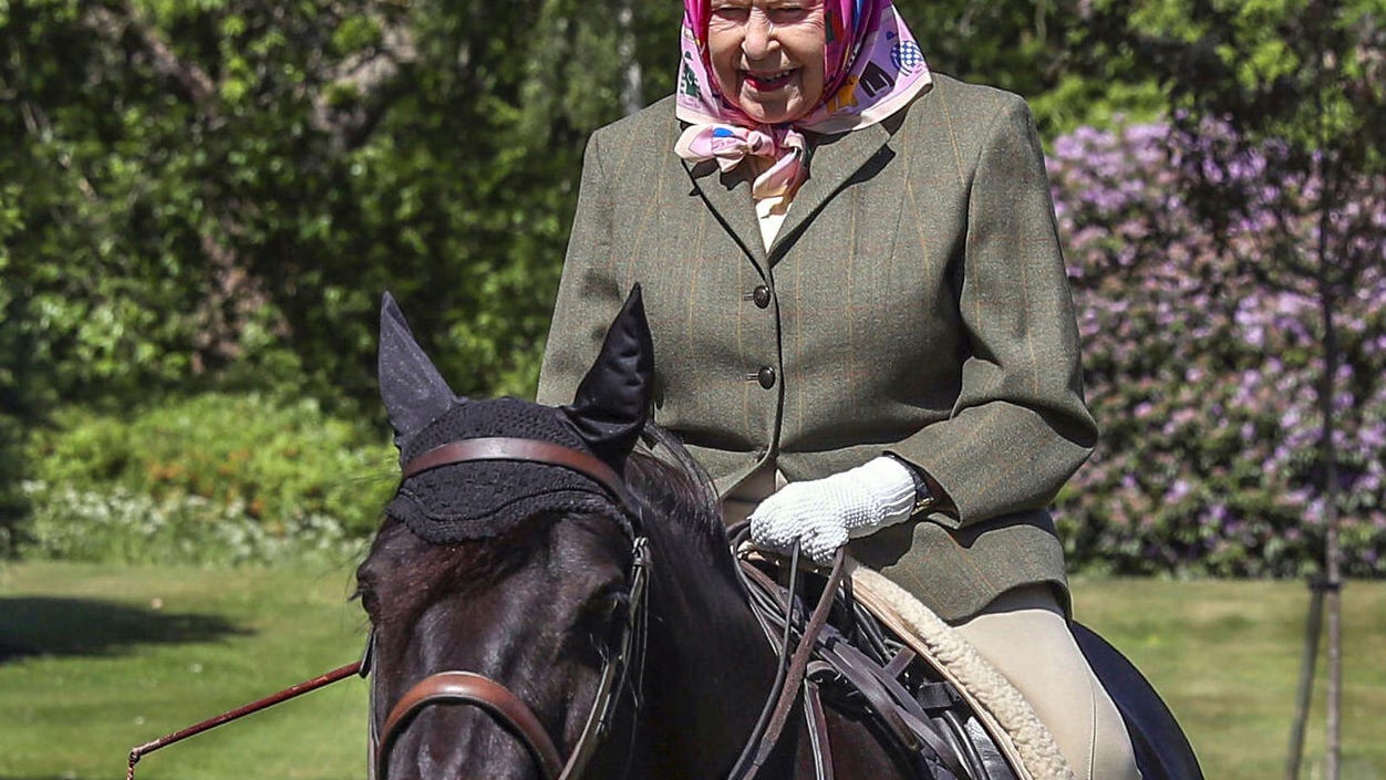 Queen Elizabeth, 94, is back in the saddle, riding her pony without a helmet at Windsor Castle