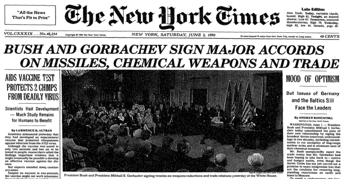 30 years ago today, President Bush and President Gorbachev signed treaties including commitments to reduce nuclear and chemical weapons