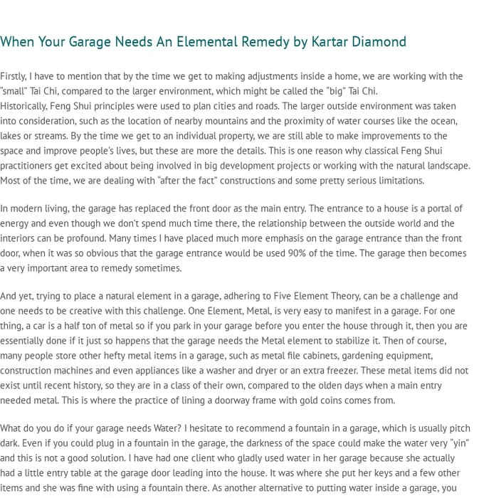 When Your Garage Needs An Elemental Remedy by Kartar Diamond - Feng Shui Solutions with Kartar Diamond