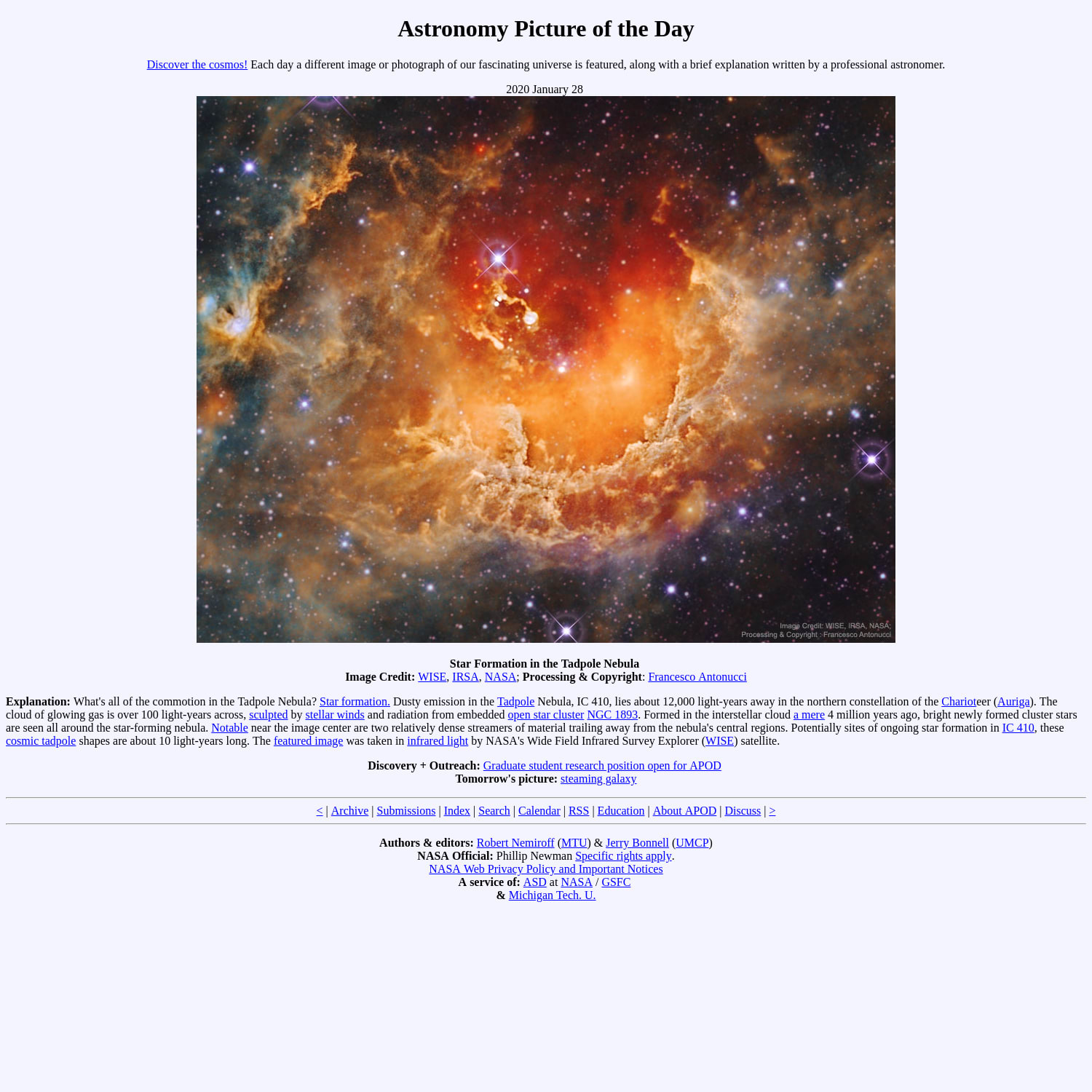 APOD: 2020 January 28 - Star Formation in the Tadpole Nebula