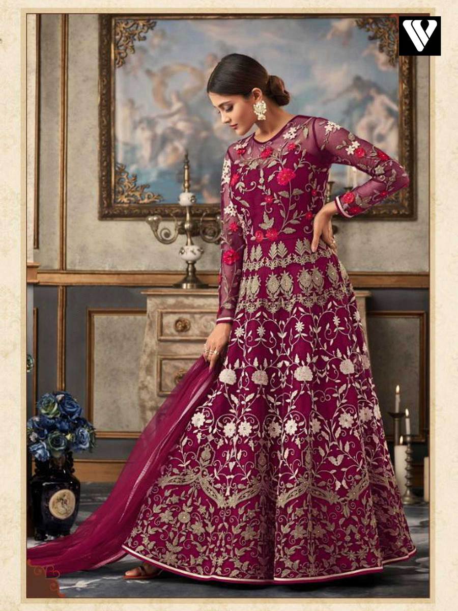 Medium Violet Red Net Heavy Embroidered Designer Anarkali Suit