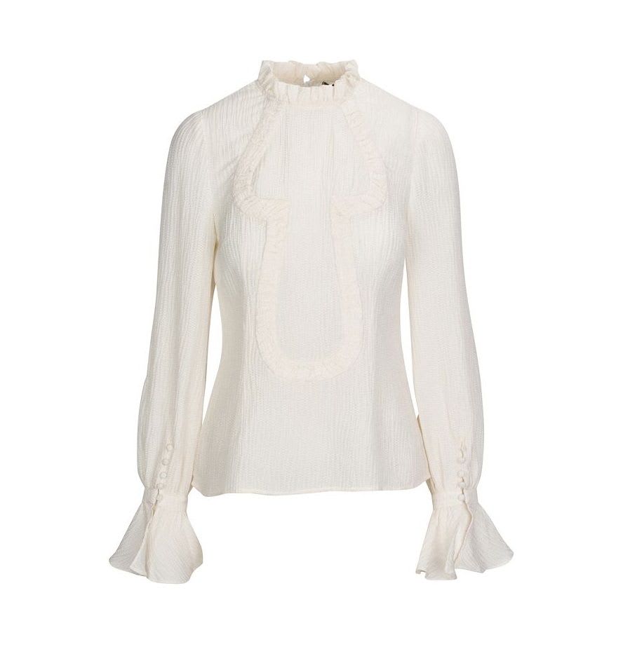 Key silk jacquard long sleeve white blouse