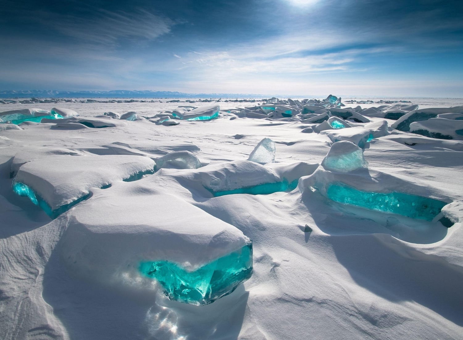 This is what the turquoise ice formations on Lake Baikal, Russia Look like.