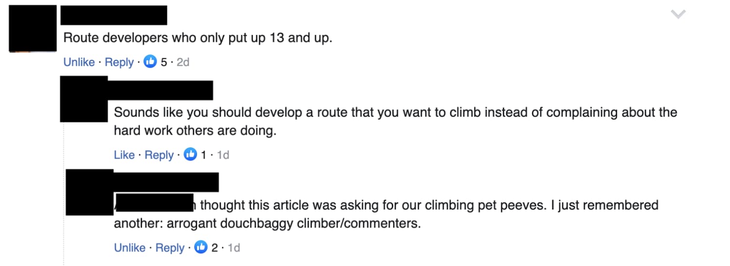 Comment section on a post about climbing pet peeves...LOL