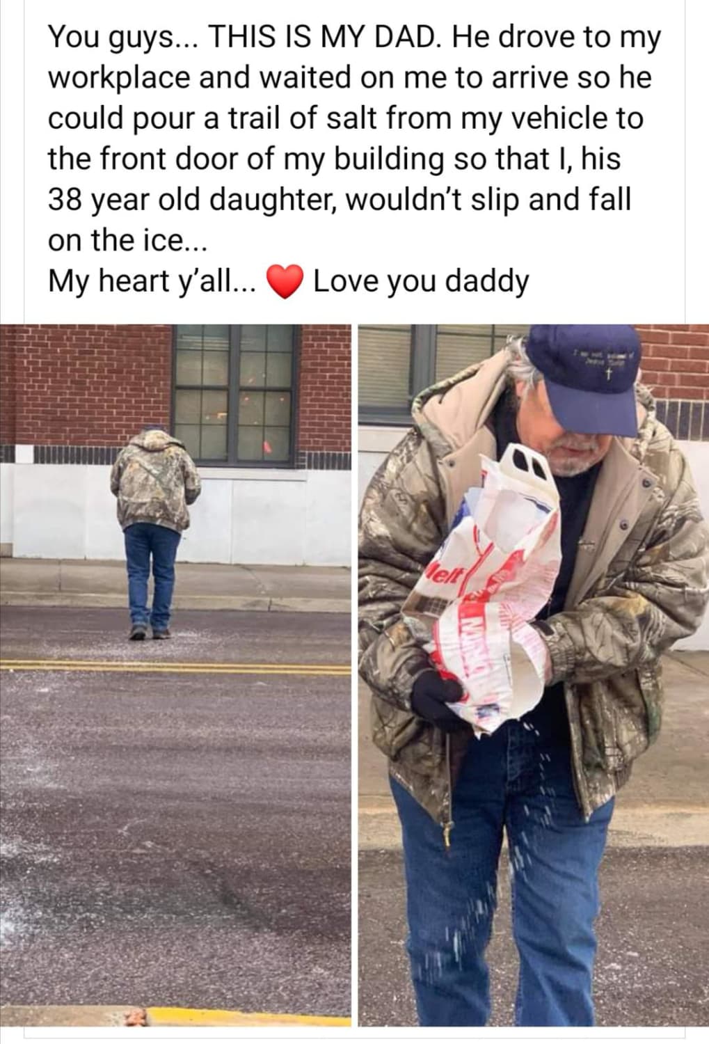 This Dad drives to his daughters workplace to put salt down for her vehicle.