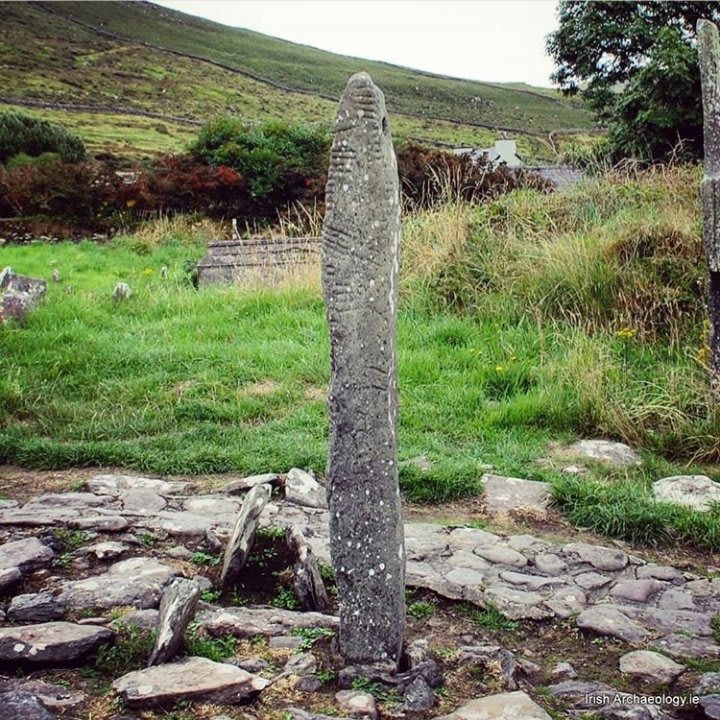 Ogham stone at Kilmalkedar, Co Kerry. The incised lines represent Ireland's earliest form of writing. Dating from the 6th century AD, the stone bears this inscription 'Mael-Inbher son of Broccan'