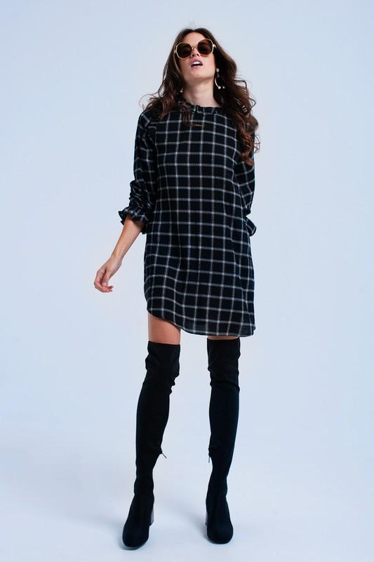 Black Checkered Print Shirt Dress