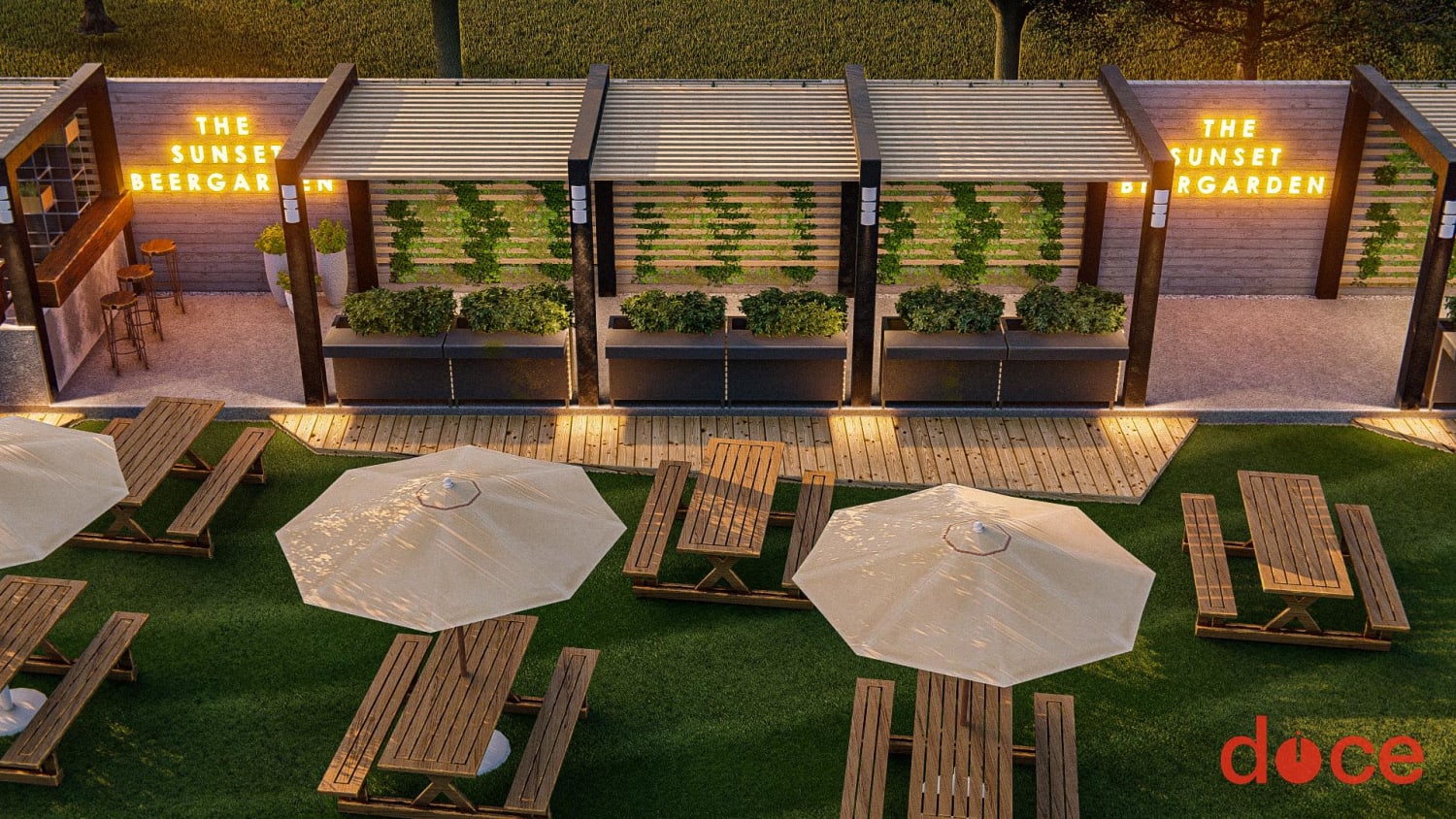 Designing my first restaurant / outdoor brewery. Top view of a pergola area that has planters in between that also double as little bar areas. Just something I thought would be cool, to look at greenery and plants while having a couple of beers.