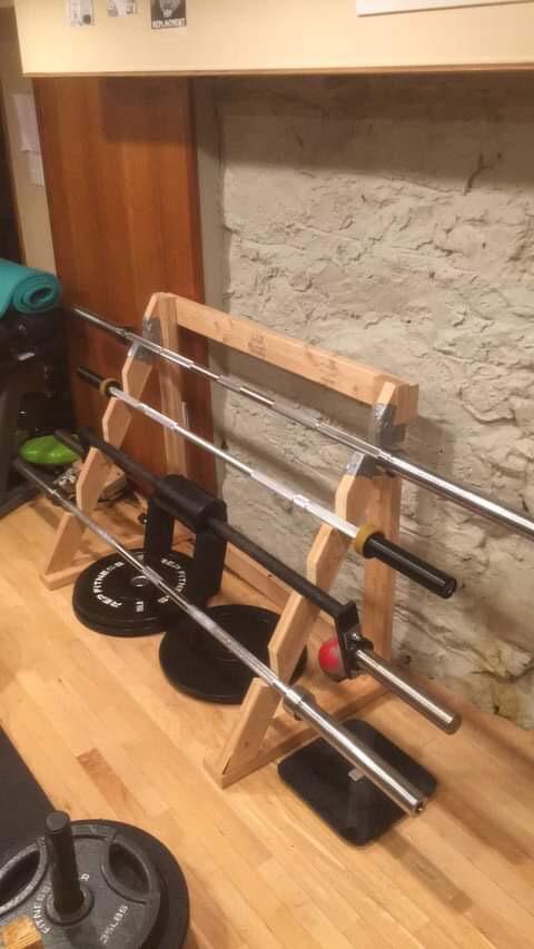 Homemade barbell rack made froms! Cost about $20 and took about 2 hours with some mistakes along the way