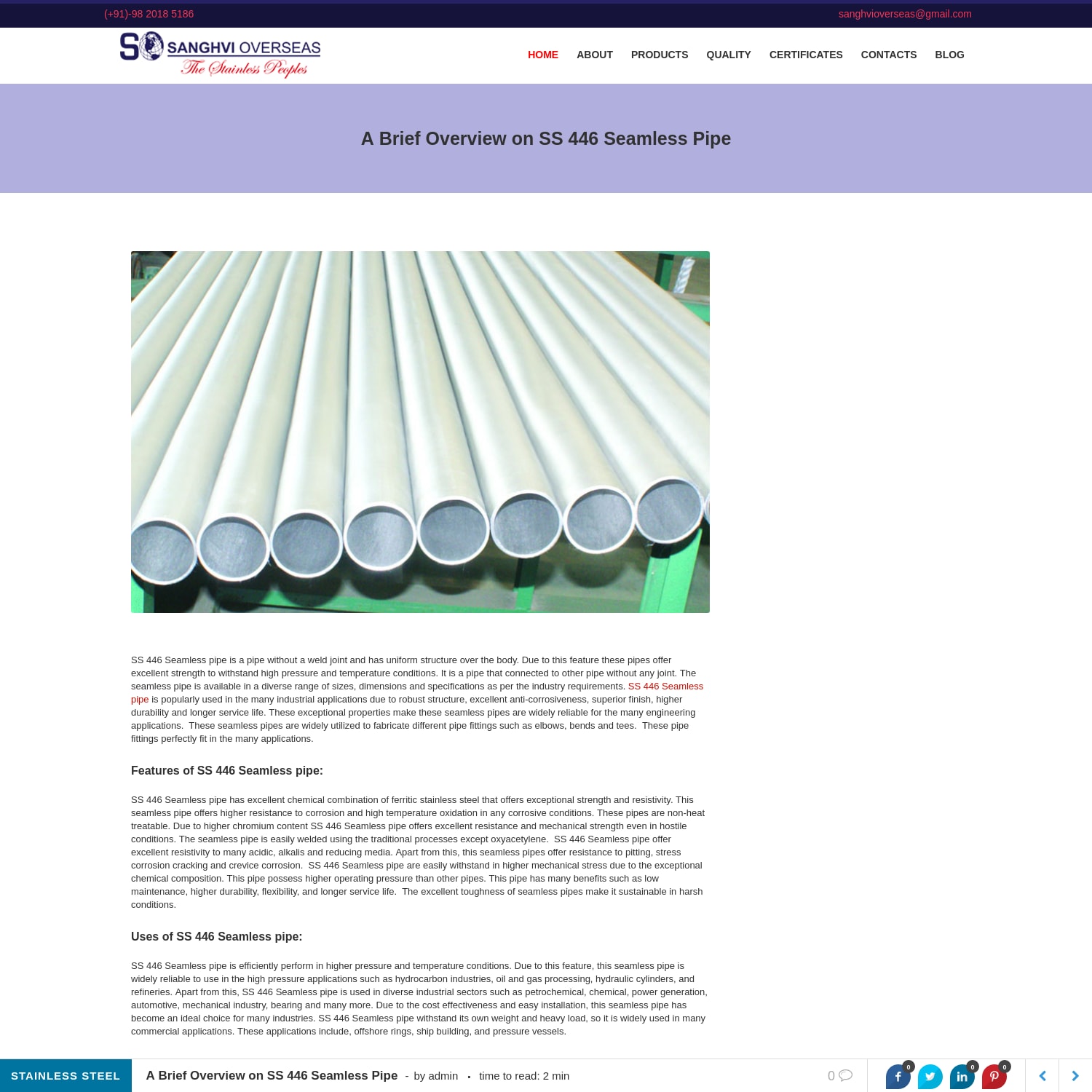 A Brief Overview on SS 446 Seamless Pipe - Sanghvi Overseas Blog