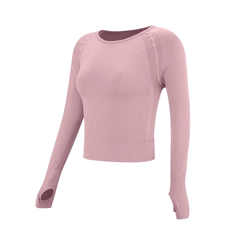 Womens Pink Long Sleeve Fitness Crop Top With Thumb Hole
