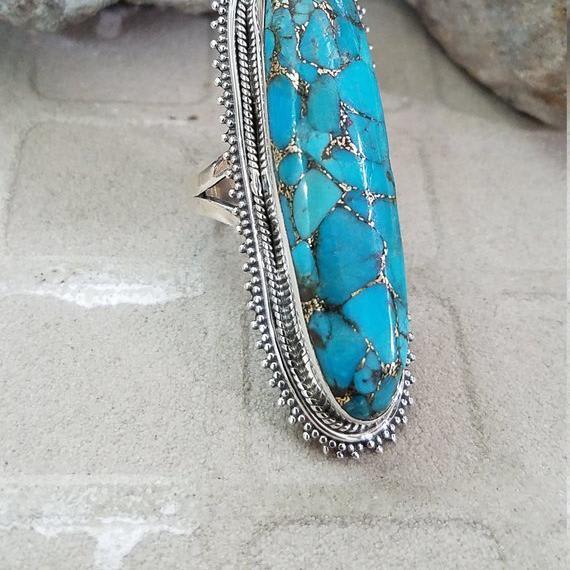 Blue Copper Turquoise Ring, 925 Sterling Silver, Long Ring, Statement Ring, Bohemian Ring, Granulation Ring, Party Wear Ring, Birthday Gift.