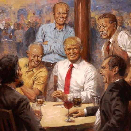Behind the painting depicting Trump sharing drinks with GOP presidents