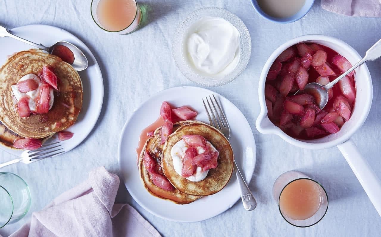 Scotch pancakes with rhubarb compote recipe