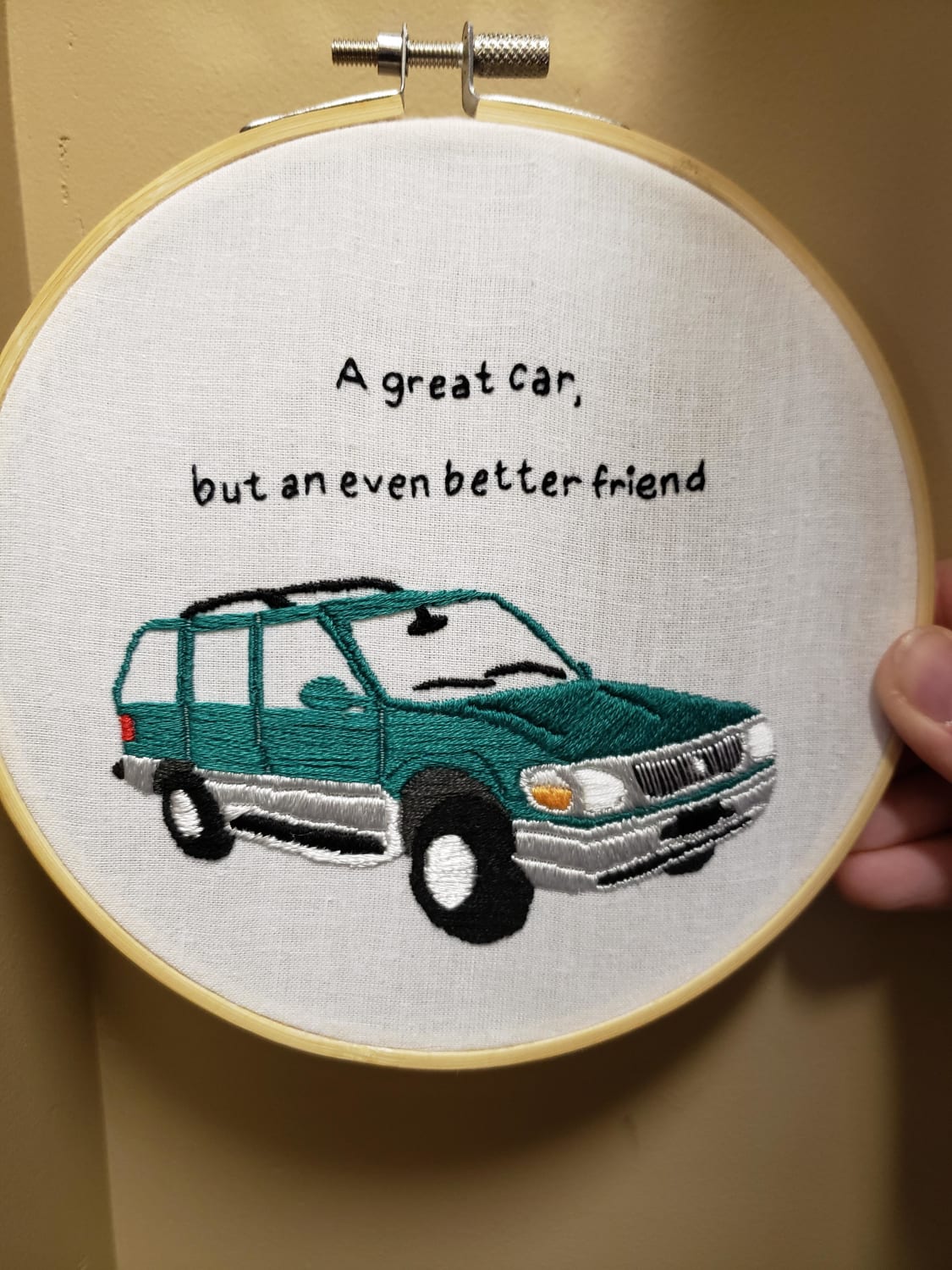 My brother-in-law traded in his beloved Mountaineer last summer, so I went way out of my comfort zone to make him this hoop. He jokingly said this quote.