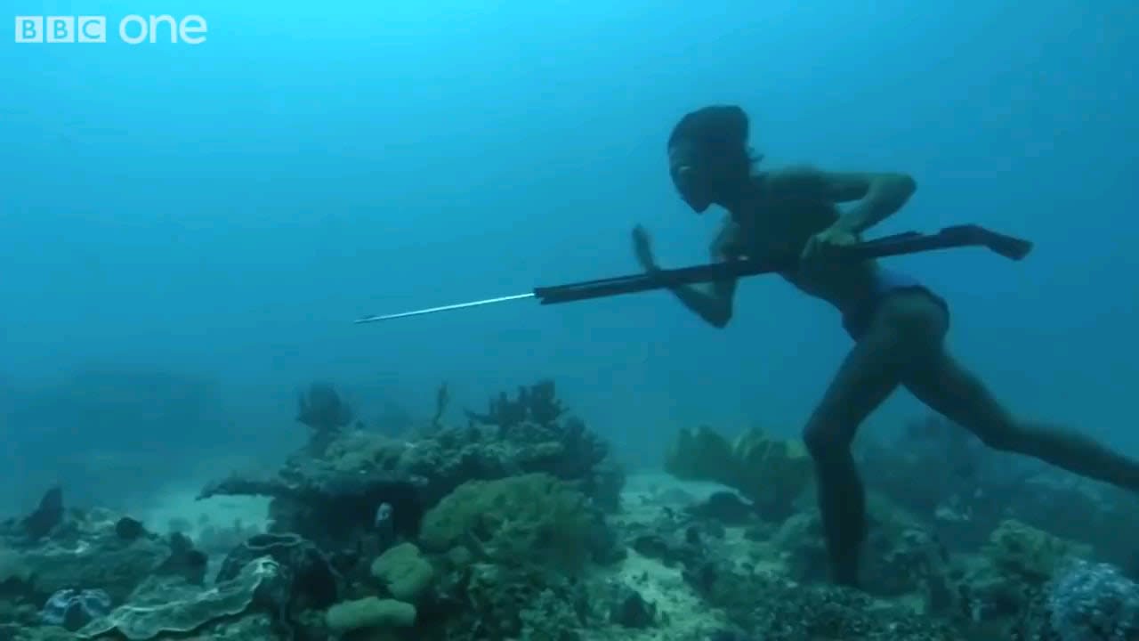 This diver from Badjao tribe walking and fishing underwater