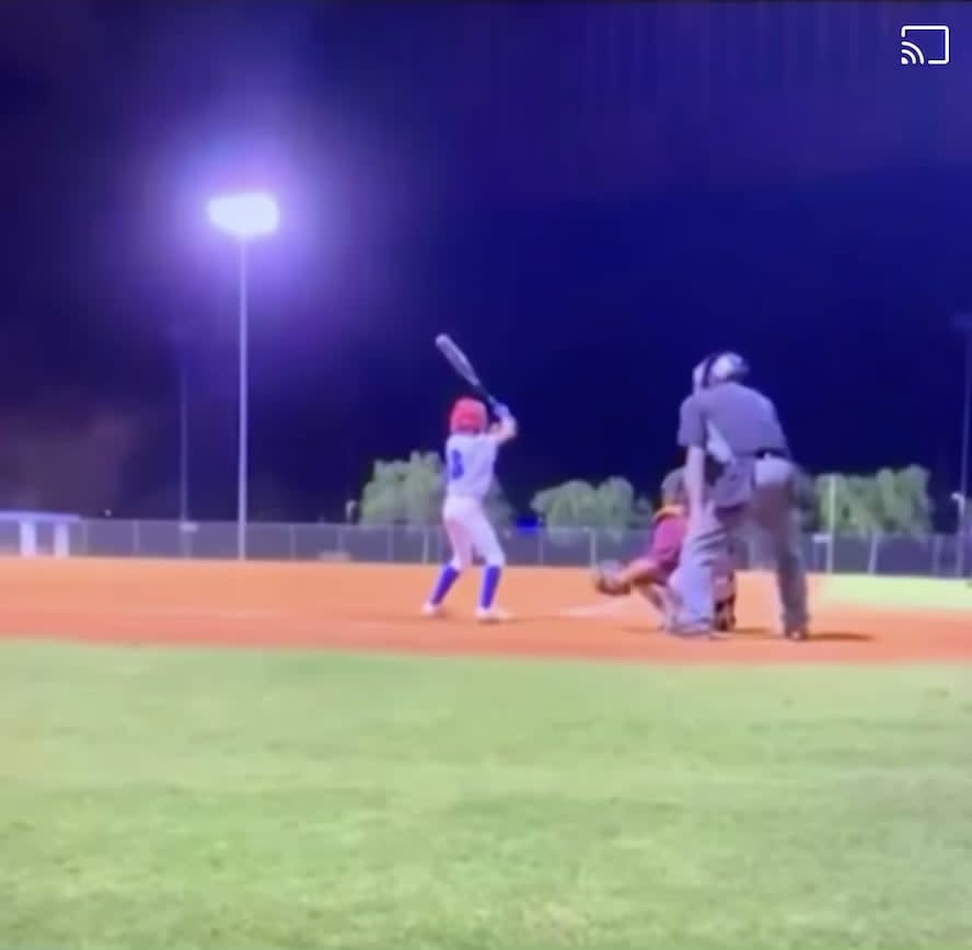 Kid hits pitched ball & foul ball from another field at the same time