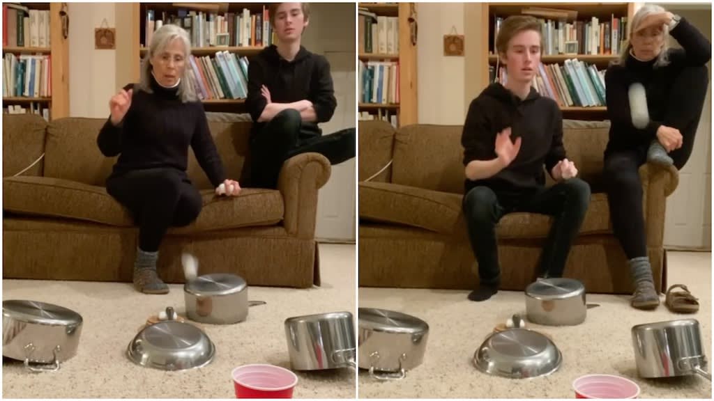Mother and Son Perform Ping Pong Ball Trick Shots Using Kitchen Pots and Pans