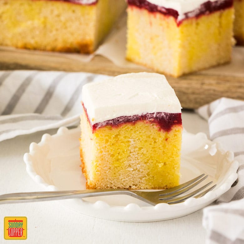 Lemon Jello Poke Cake with Raspberry Jam #SundaySupper