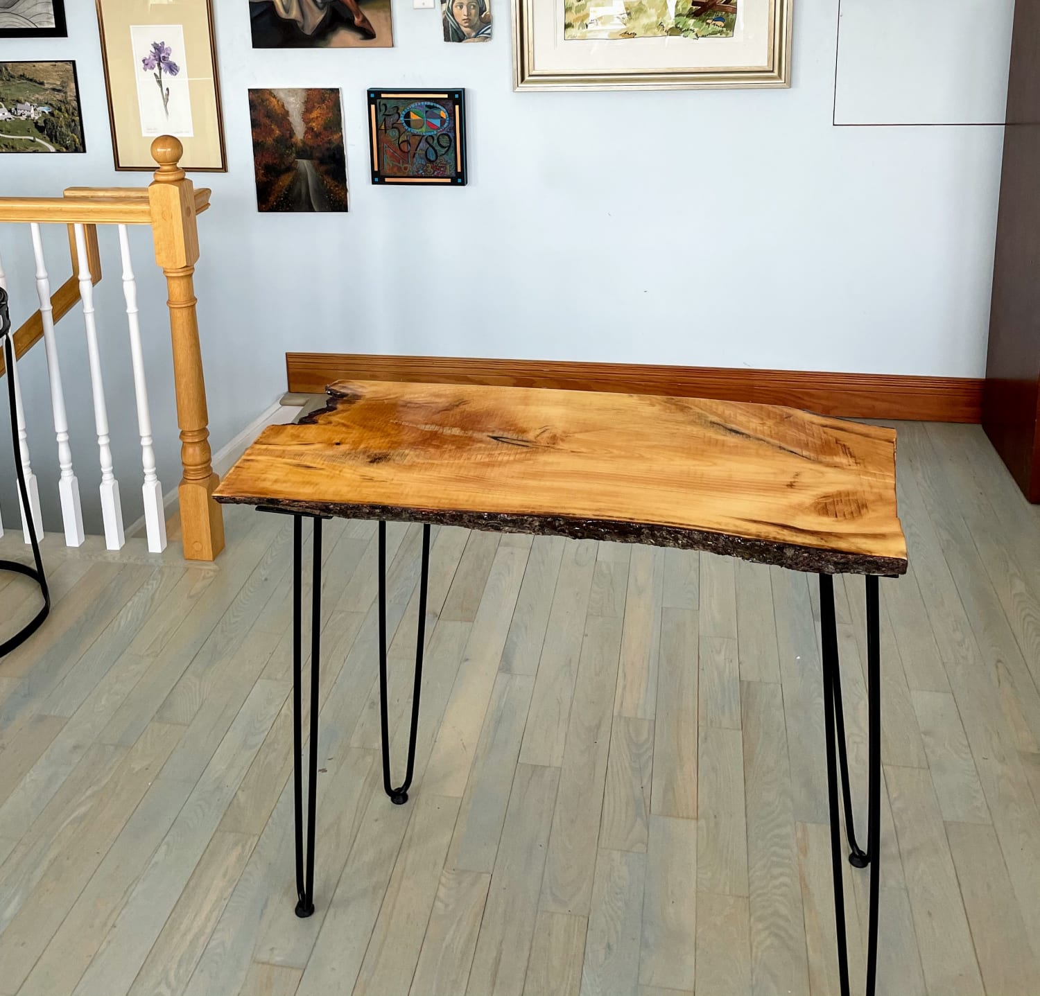 Building a small live edge epoxy finished desk, with metal hairpin legs.