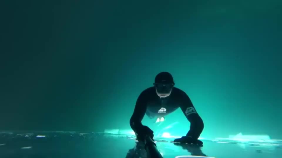 Swimming upside under a frozen lake