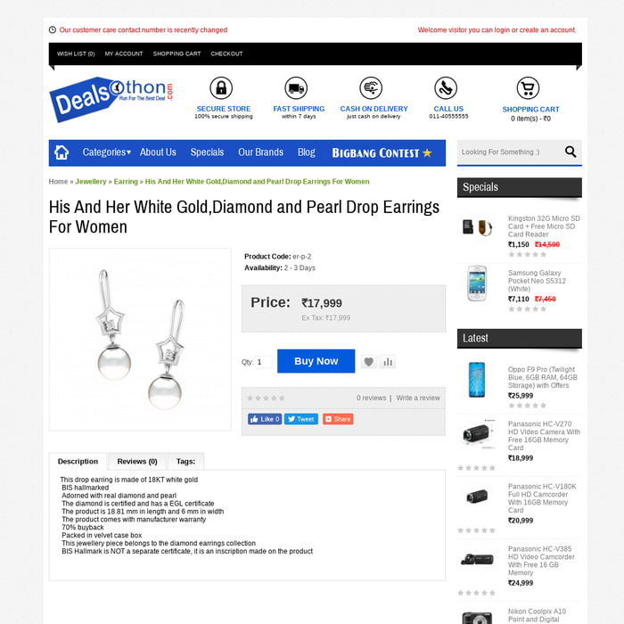 His And Her White Gold,Diamond and Pearl Drop Earrings For Women