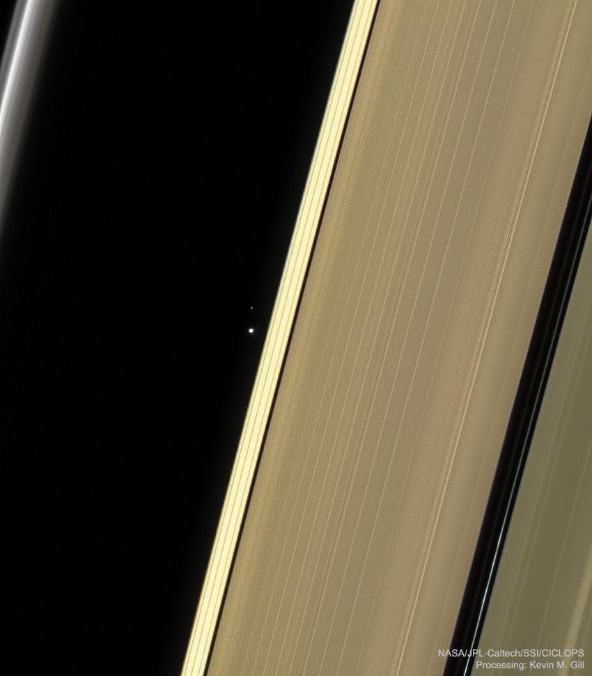 Earth and Moon through Saturn's Rings (Image Credit: NASA, ESA, JPL-Caltech, SSI, Cassini Imaging Team; Processing & License: Kevin M. Gill)