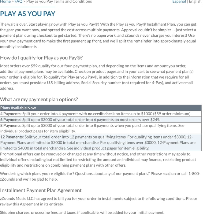 Play as you Pay Terms and Conditions