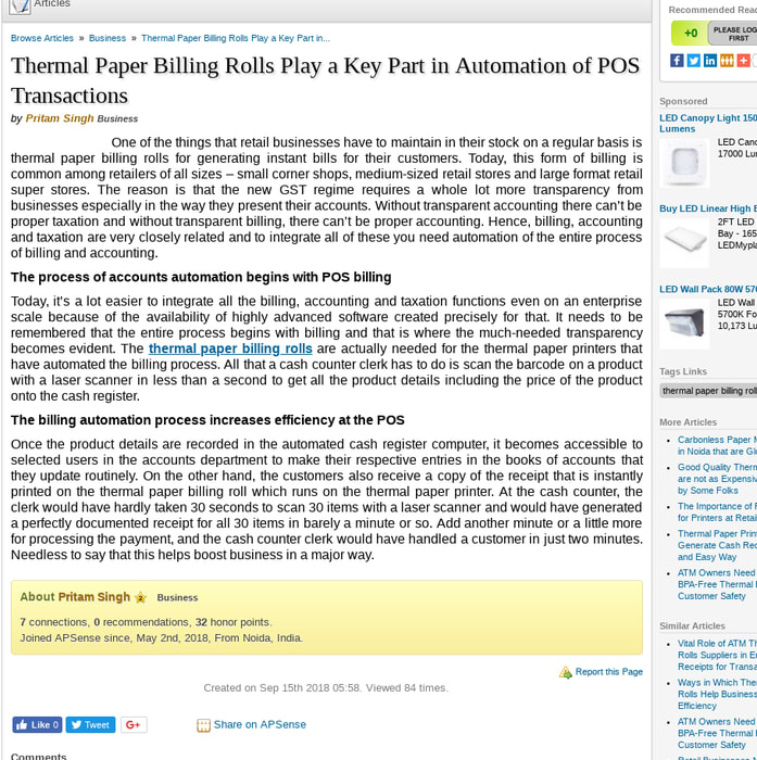 Thermal Paper Billing Rolls Play a Key Part in Automation of POS Transactions by Pritam Singh