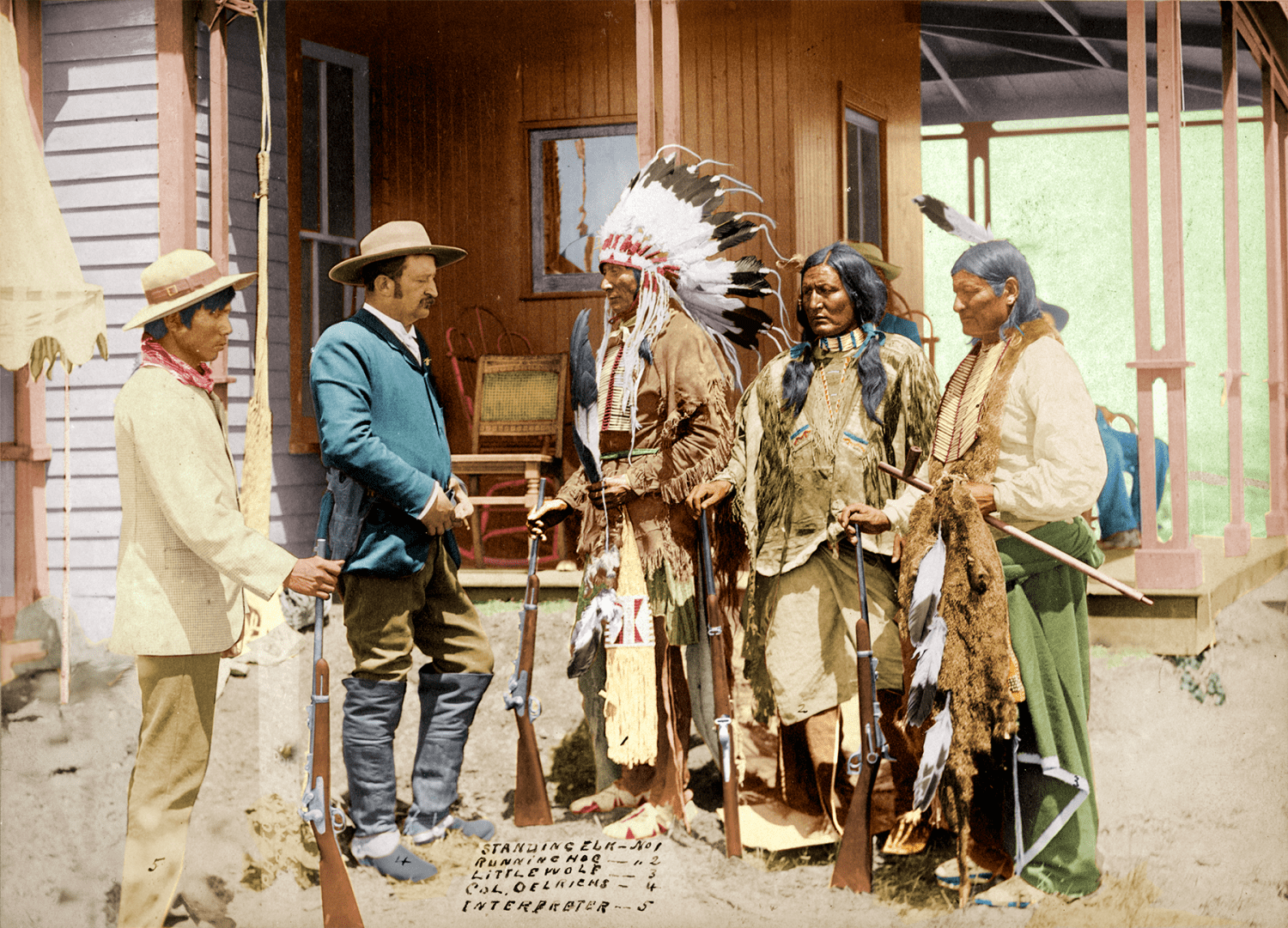 [colorized] Chief Standing Elk, Running Hog, and Little Wolf talk to Colonel Oelrichs & an Interpreter, July 4th 1887 (orig. photo by John C.H. Grabill, colorization by John Guntzelman)