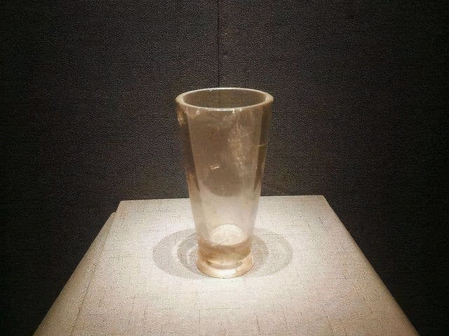 This is not a modern glassware but a 2300-year-old crystal cup found in a Warring States period Now on display at the Hangzhou Museum in China