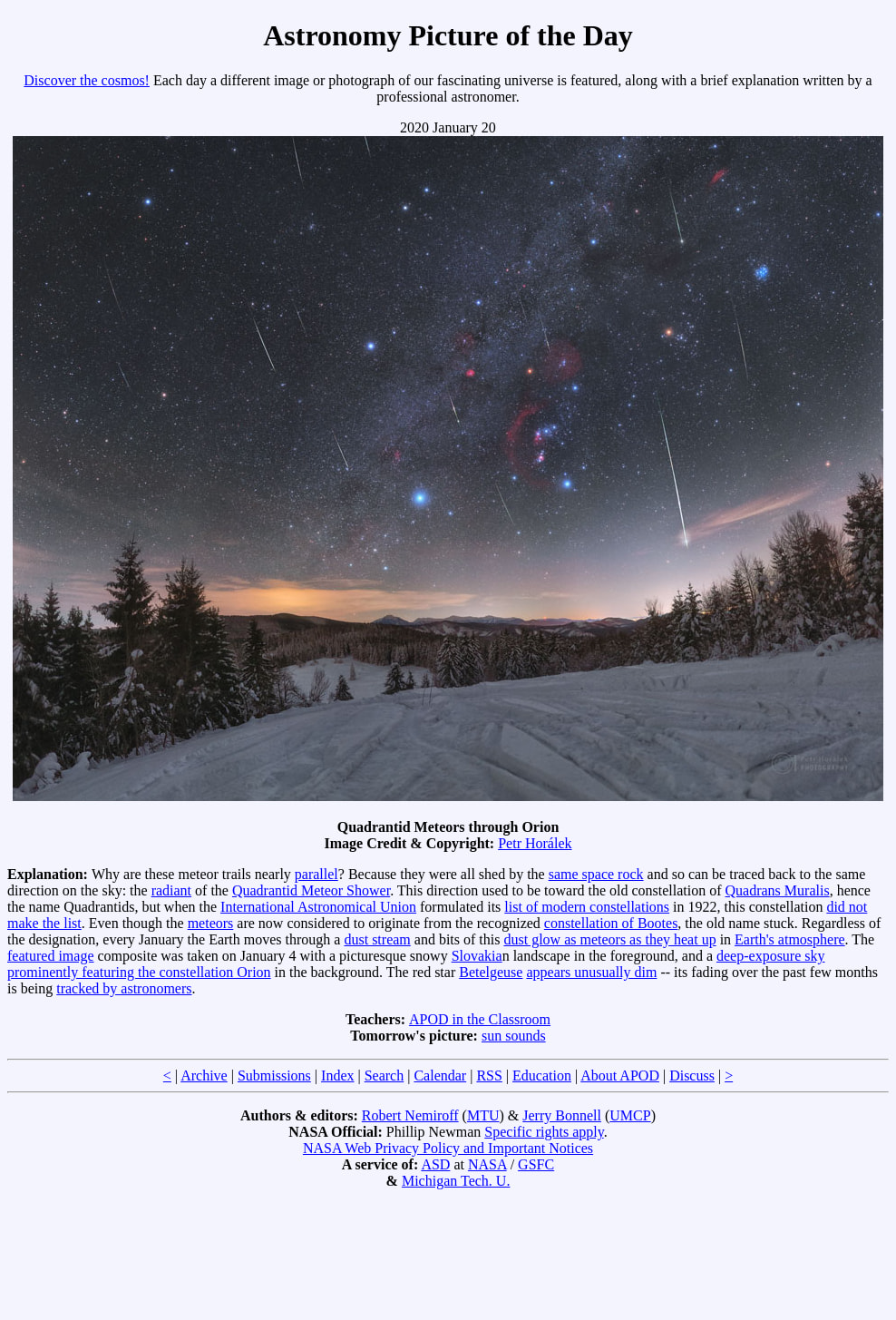 APOD: 2020 January 20 - Quadrantid Meteors through Orion