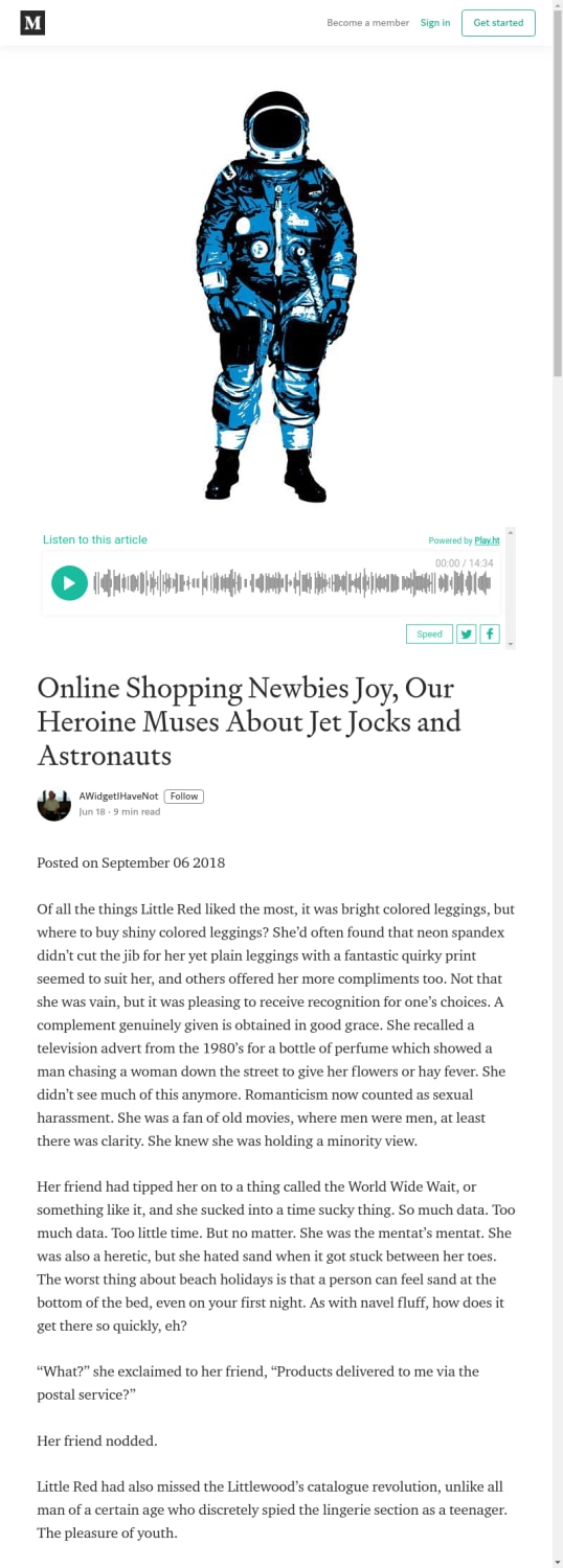 Online Shopping Newbies Joy, Our Heroine Muses About Jet Jocks and Astronauts