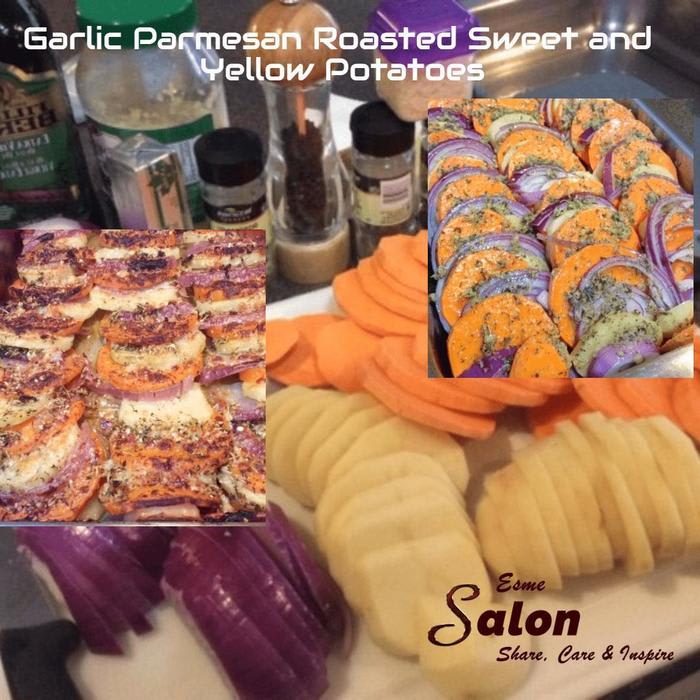 Garlic Parmesan Roasted Sweet and Yellow Potatoes ~ Esme Salon